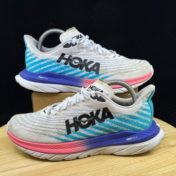Hoka One One Mach 5 White Scuba Blue Pink Running Sneaker 1127894 Size 7.5B - Picture 1 of 9